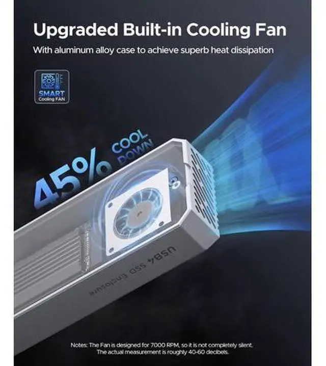 Alt view image 3 of 7 - 40Gbps M.2 NVMe SSD Enclosure with Built-in Cooling Fan, Aluminum External NVMe Case Supports M Key PCIe 4.0 Drive, Compatible with Thunderbolt 3/4, USB4/3.2/3.1/3.0 Interface- CNM2