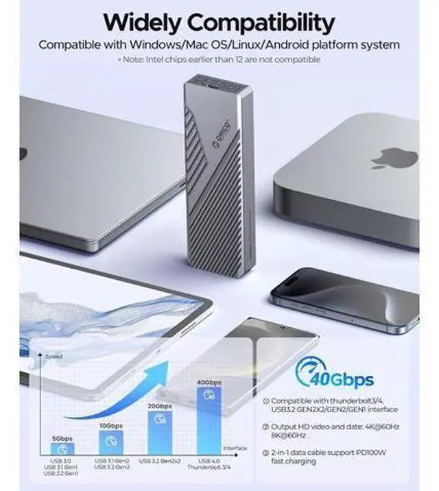 Alt view image 6 of 7 - 40Gbps M.2 NVMe SSD Enclosure with Built-in Cooling Fan, Aluminum External NVMe Case Supports M Key PCIe 4.0 Drive, Compatible with Thunderbolt 3/4, USB4/3.2/3.1/3.0 Interface- CNM2