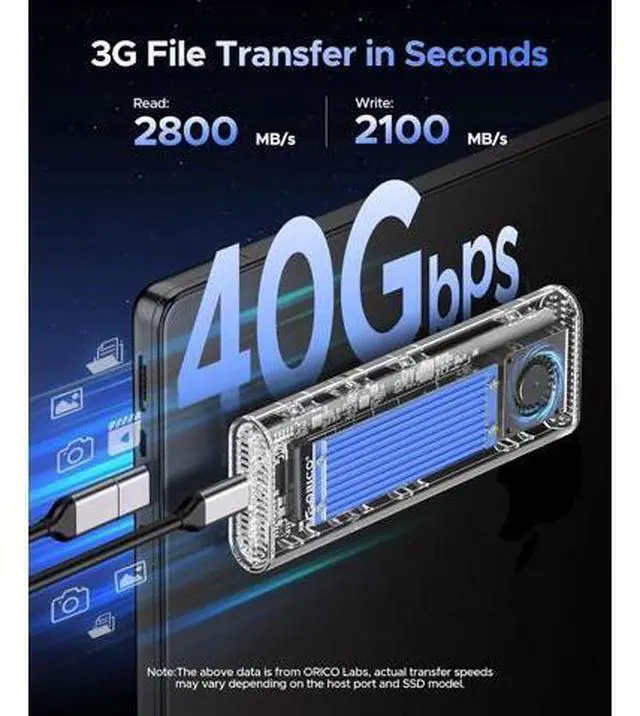 Alt view image 2 of 7 - 40Gbps M.2 NVMe SSD Enclosure with Built-in Cooling Fan, Tool-Free, Support 2230 2242 2260 2280(M Key), Compatible with Thunderbolt 4/3 USB4/3.2-TCM2U4-BLUE