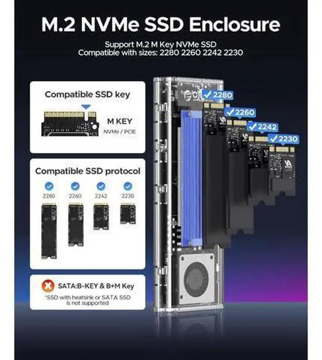 Alt view image 5 of 7 - 40Gbps M.2 NVMe SSD Enclosure with Built-in Cooling Fan, Tool-Free, Support 2230 2242 2260 2280(M Key), Compatible with Thunderbolt 4/3 USB4/3.2-TCM2U4-BLUE