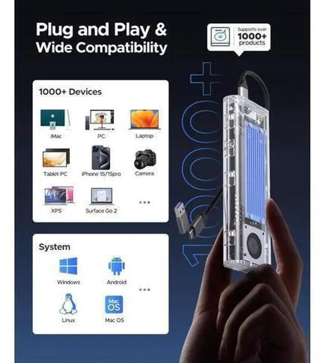 Alt view image 6 of 7 - 40Gbps M.2 NVMe SSD Enclosure with Built-in Cooling Fan, Tool-Free, Support 2230 2242 2260 2280(M Key), Compatible with Thunderbolt 4/3 USB4/3.2-TCM2U4-BLUE