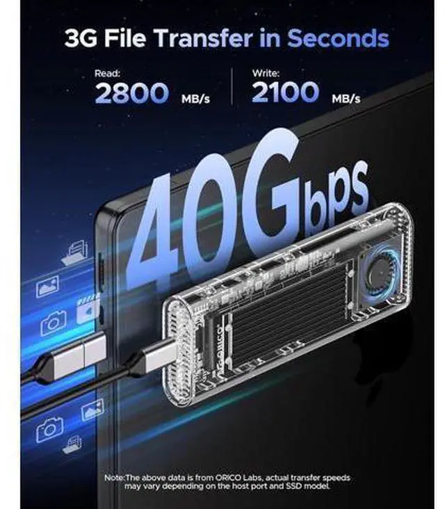 Alt view image 2 of 7 - 40Gbps M.2 NVMe SSD Enclosure with Built-in Cooling Fan, Tool-Free, Support 2230 2242 2260 2280(M Key), Compatible with Thunderbolt 4/3 USB4/3.2-TCM2U4-BLACK