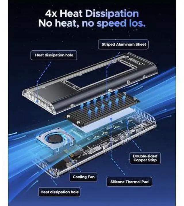 Alt view image 4 of 7 - 40Gbps M.2 NVMe SSD Enclosure with Built-in Cooling Fan, Tool-Free, Support 2230 2242 2260 2280(M Key), Compatible with Thunderbolt 4/3 USB4/3.2-TCM2U4-BLACK