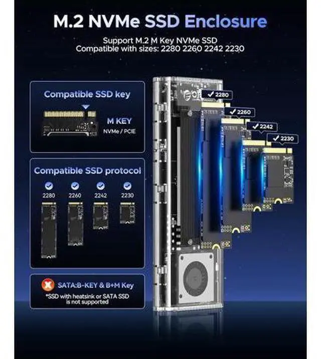 Alt view image 5 of 7 - 40Gbps M.2 NVMe SSD Enclosure with Built-in Cooling Fan, Tool-Free, Support 2230 2242 2260 2280(M Key), Compatible with Thunderbolt 4/3 USB4/3.2-TCM2U4-BLACK