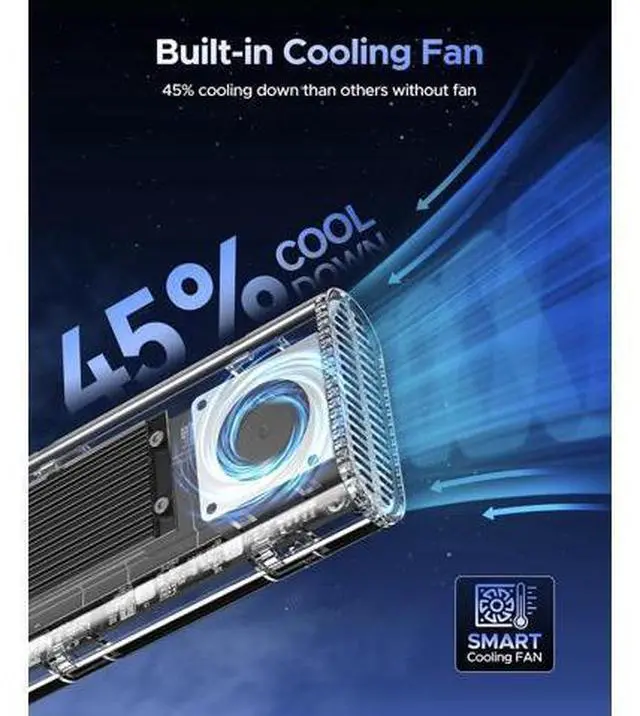 Alt view image 3 of 7 - 40Gbps M.2 NVMe SSD Enclosure with Built-in Cooling Fan, Tool-Free, Support 2230 2242 2260 2280(M Key), Compatible with Thunderbolt 4/3 USB4/3.2-TCM2U4-BLACK