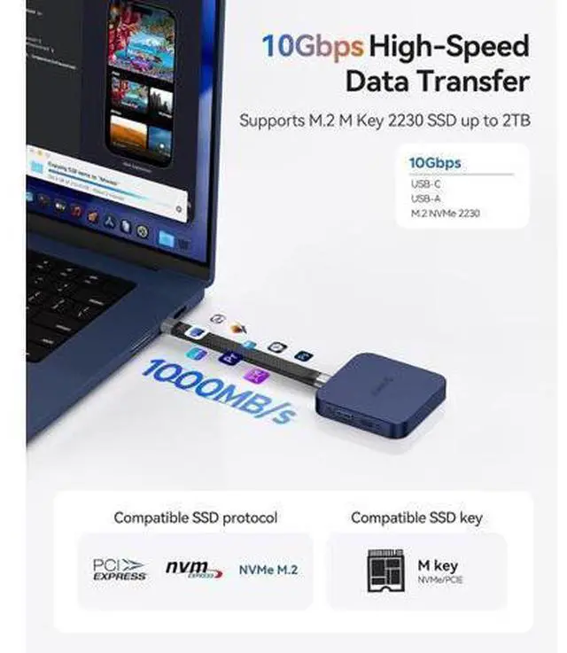 Alt view image 5 of 7 - 10Gbps Magnetic M.2 Docking Station, 6-in-1 USB C HUB & M.2 2230 NVMe Enclosure with HDMI 4K@60Hz, USB-A&C 3.2, 100W PD, AUX, USBC Dock for iPhone 17/16/15 Pro/Pro Max