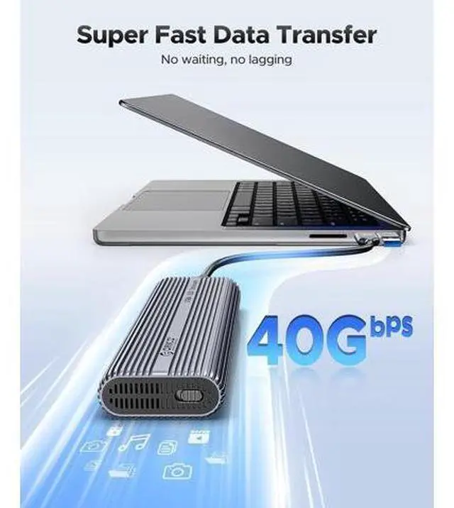 Alt view image 2 of 7 - 40Gbps M.2 NVMe SSD Enclosure with Cooling Fan, Tool Free Aluminum M.2 Adapter Compatible with Thunderbolt 4/3 USB3.2/3.1/3.0/2.0, Max 8TB Capacity-ACOM2