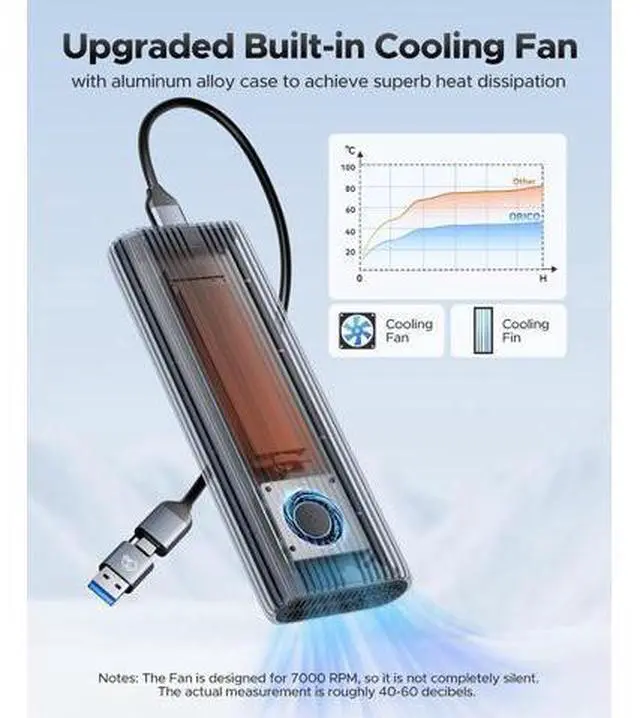 Alt view image 3 of 7 - 40Gbps M.2 NVMe SSD Enclosure with Cooling Fan, Tool Free Aluminum M.2 Adapter Compatible with Thunderbolt 4/3 USB3.2/3.1/3.0/2.0, Max 8TB Capacity-ACOM2