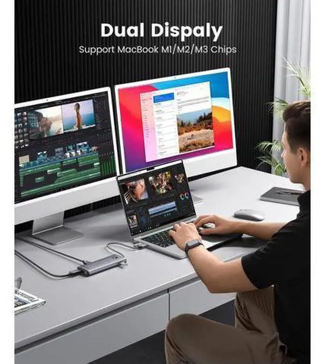 Alt view image 3 of 7 - 10-in-1 Dual 4K 60Hz USB-C Docking Station, Portable Hub with 2X HDMI, 2X DisplayPort, 10Gbps USB, Gigabit Ethernet, Compatble with MacBook M1/M2/M3 & Windows Laptops