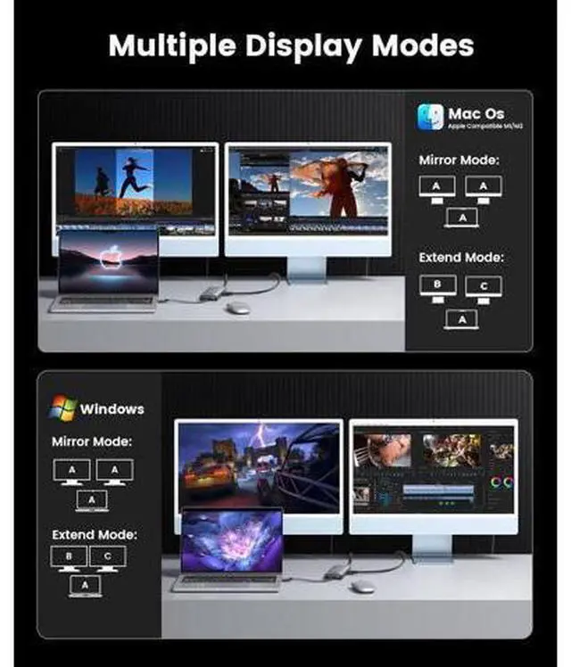 Alt view image 4 of 7 - 10-in-1 Dual 4K 60Hz USB-C Docking Station, Portable Hub with 2X HDMI, 2X DisplayPort, 10Gbps USB, Gigabit Ethernet, Compatble with MacBook M1/M2/M3 & Windows Laptops