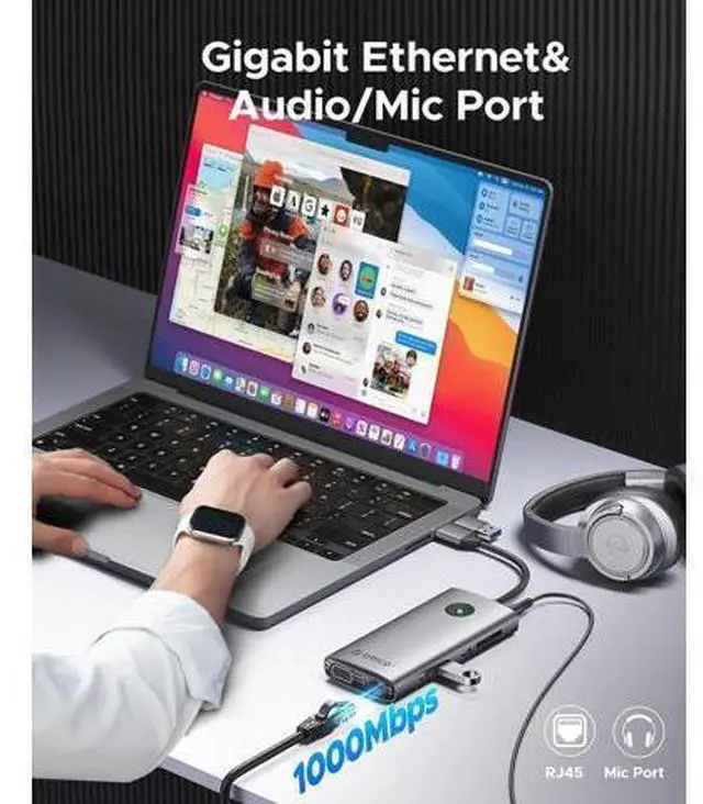 Alt view image 7 of 7 - 10-in-1 Dual 4K 60Hz USB-C Docking Station, Portable Hub with 2X HDMI, 2X DisplayPort, 10Gbps USB, Gigabit Ethernet, Compatble with MacBook M1/M2/M3 & Windows Laptops