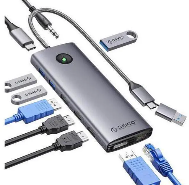 Main image of 10-in-1 Dual 4K 60Hz USB-C Docking Station, Portable Hub with 2X HDMI, 2X DisplayPort, 10Gbps USB, Gigabit Ethernet, Compatble with MacBook M1/M2/M3 & Windows Laptops