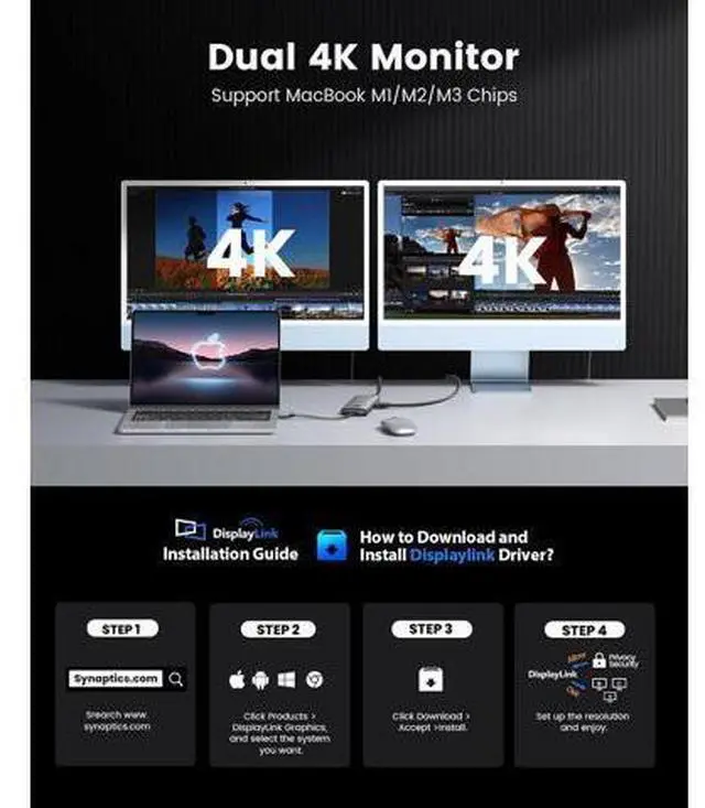 Alt view image 2 of 7 - 10-in-1 Dual 4K 60Hz USB-C Docking Station, Portable Hub with 2X HDMI, 2X DisplayPort, 10Gbps USB, Gigabit Ethernet, Compatble with MacBook M1/M2/M3 & Windows Laptops