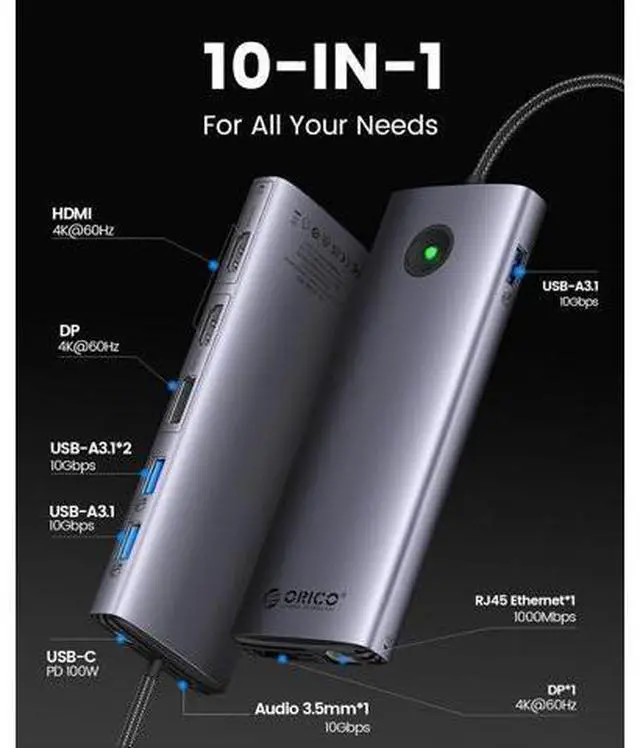 Alt view image 5 of 7 - 10-in-1 Dual 4K 60Hz USB-C Docking Station, Portable Hub with 2X HDMI, 2X DisplayPort, 10Gbps USB, Gigabit Ethernet, Compatble with MacBook M1/M2/M3 & Windows Laptops