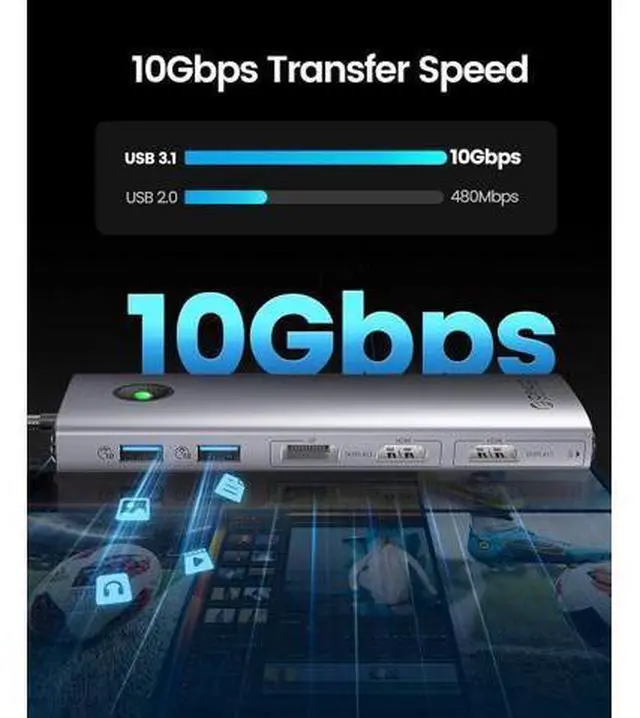 Alt view image 6 of 7 - 10-in-1 Dual 4K 60Hz USB-C Docking Station, Portable Hub with 2X HDMI, 2X DisplayPort, 10Gbps USB, Gigabit Ethernet, Compatble with MacBook M1/M2/M3 & Windows Laptops