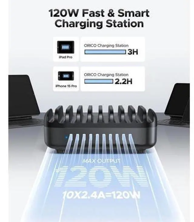 Alt view image 2 of 6 - 120W Charging Station for Multiple Devices, 10-Ports USB Charging Docking Organizer Station, Multi USB Charging Station Compatible with iPad, Tablet, Kindle, Airpods and Cell Phone