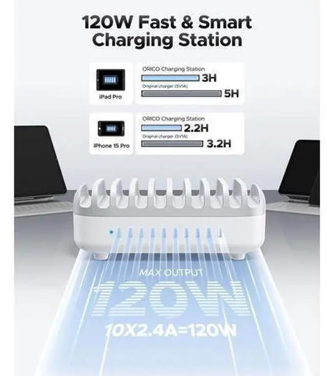 Alt view image 2 of 6 - Multi USB Charging Station, 120W Charging Docking Organizer for Multiple Devices with Cables, 10-Ports Charging Station Compatible with iPad, iPhone, Tablet, Kindle and Cell Phones