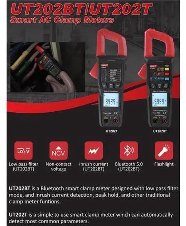 Alt view image 2 of 7 - Multimeter clamp Meter UT202B UT202BT Digital clamp Meter 600A DC Current Pliers Ammeter Voltage Tester Temperature Frequency Meter Auto Range(UT202T)