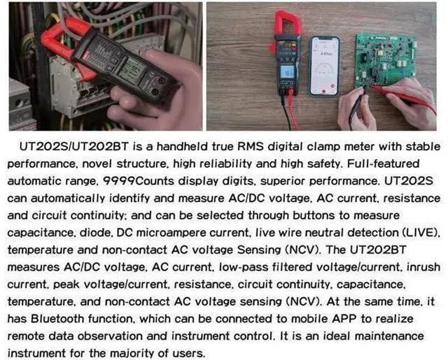 Alt view image 6 of 7 - Multimeter clamp Meter UT202B UT202BT Digital clamp Meter 600A DC Current Pliers Ammeter Voltage Tester Temperature Frequency Meter Auto Range(UT202T)