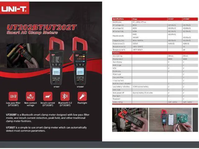 Alt view image 7 of 7 - Multimeter clamp Meter UT202B UT202BT Digital clamp Meter 600A DC Current Pliers Ammeter Voltage Tester Temperature Frequency Meter Auto Range(UT202T)