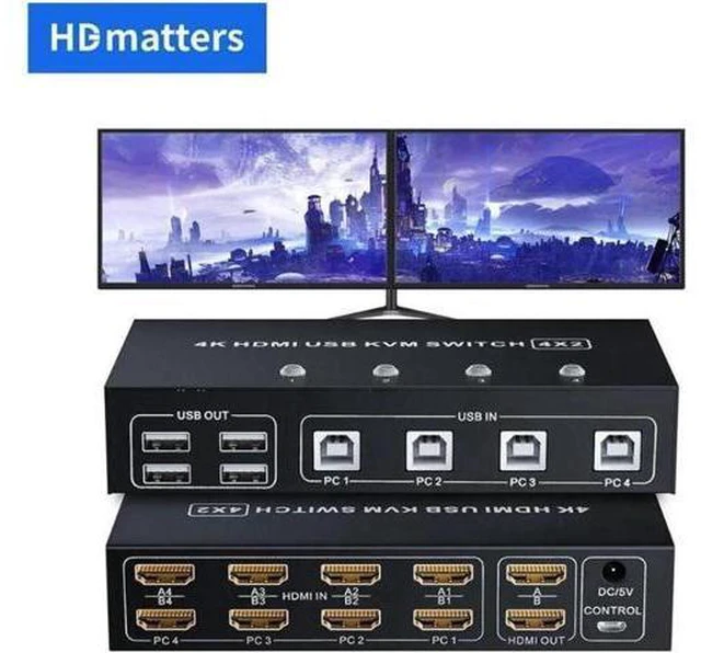 Main image of Dual monitor HDMI KVM Switch 4 port USB HDMI KVM Switch 4K 60Hz KVM HDMI 2.0 Switch Switcher for PC monitor mouse keyboard share