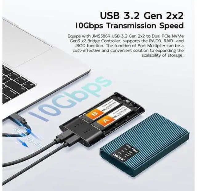Alt view image 2 of 6 - NVMe RAID Enclosure Dual Bay M.2 PCIe NVMe SSD Reader with RAID 0/1/PM/JBOD, USB 3.2 GEN2x2 Type-C 20Gbps Speed, 16TB Capacity (K2022R)