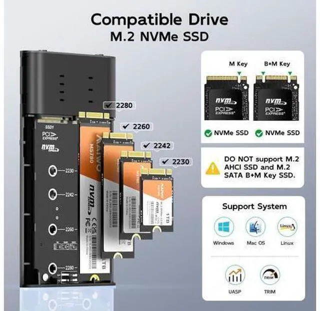Alt view image 4 of 6 - NVMe RAID Enclosure Dual Bay M.2 PCIe NVMe SSD Reader with RAID 0/1/PM/JBOD, USB 3.2 GEN2x2 Type-C 20Gbps Speed, 16TB Capacity (K2022R)