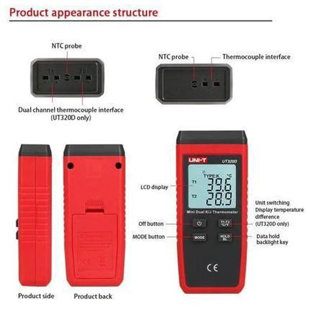 Alt view image 2 of 7 - Industrial Thermometer UT320D Digital Thermometer : Mini Dual Thermocouple Type K J High Temperature Meter -50 to 1200 Tester