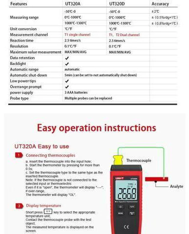 Alt view image 7 of 7 - Industrial Thermometer UT320D Digital Thermometer : Mini Dual Thermocouple Type K J High Temperature Meter -50 to 1200 Tester