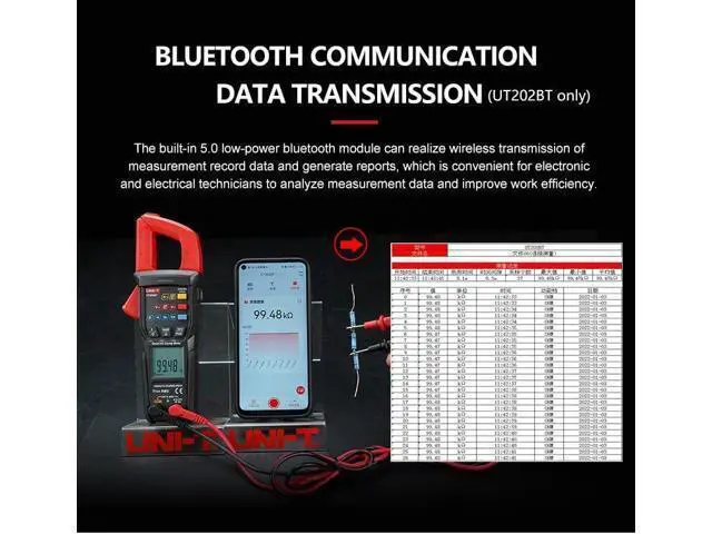 Alt view image 4 of 7 - Multimeter clamp Meter UT202B UT202BT Digital clamp Meter 600A DC Current Pliers Ammeter Voltage Tester Temperature Frequency Meter Auto Range(UT202BT)