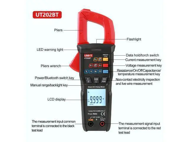 Alt view image 2 of 7 - Multimeter clamp Meter UT202B UT202BT Digital clamp Meter 600A DC Current Pliers Ammeter Voltage Tester Temperature Frequency Meter Auto Range(UT202BT)