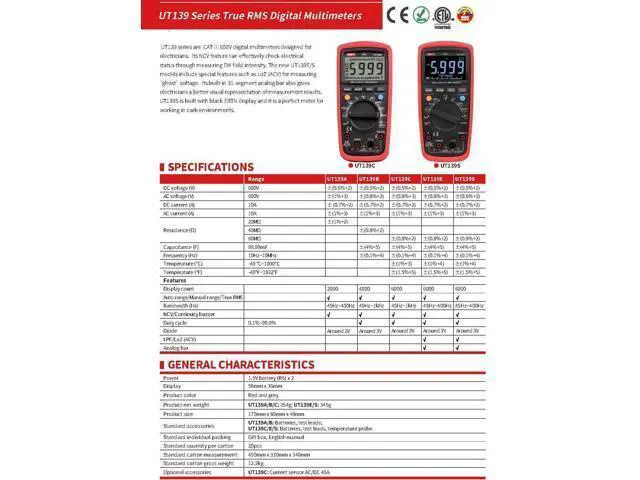 Alt view image 7 of 7 - Multimeter clamp Meter UT139A UT139B UT139C UT139D UT139E UT139S True RMS Digital Multimeter MAX/MIN/REL Modes Auto/Manual Ranges Selectable(UT139C)