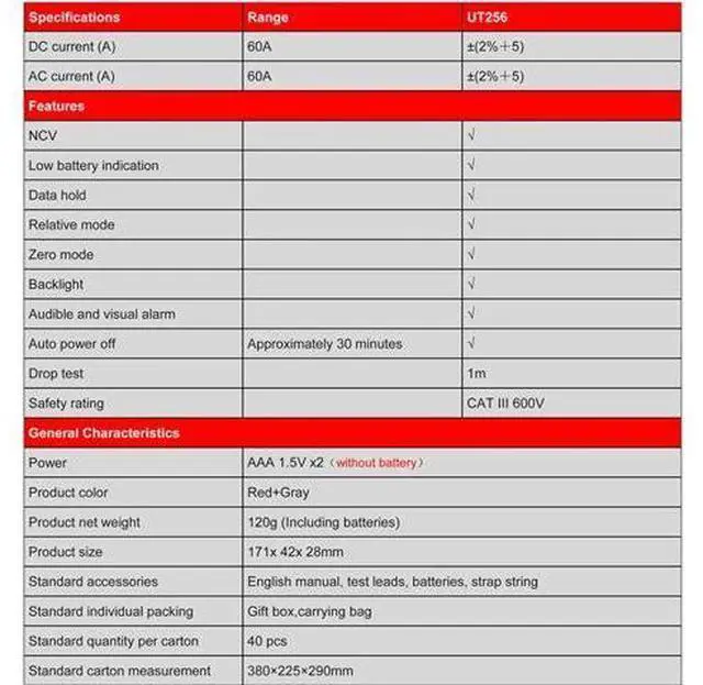 Alt view image 6 of 6 - Multimeter clamp Meter UT256A UT256B Ture RMS Digital Clamp Fork Meter Multimeter AC/DC Voltage Current Resistance Capacitance NCV Test Backlight(UT256)