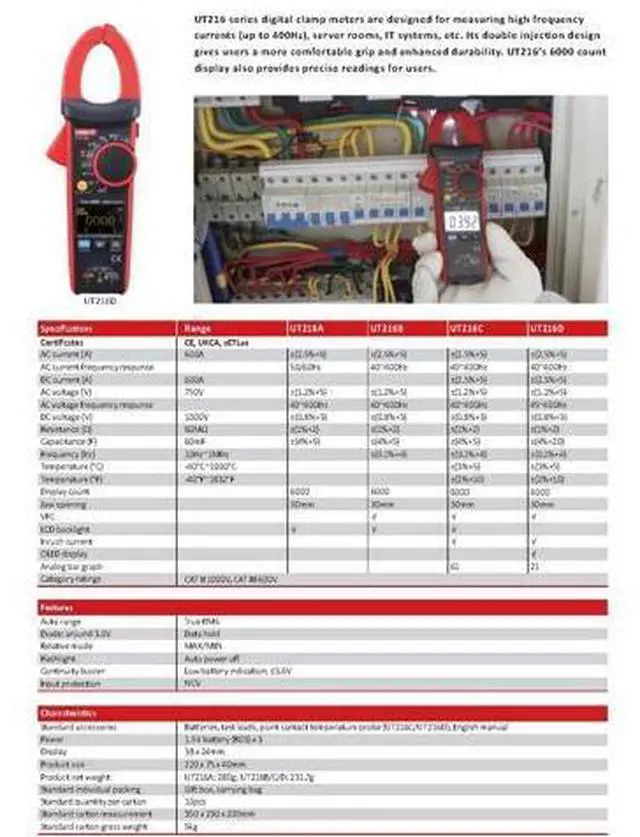 Alt view image 7 of 7 - Multimeter clamp Meter UT216 Series True RMS Digital clamp Meter UT216A UT216B UT216C UT216D 600A MAX/MIN/Relative Modes NCV Flashlight VFC Current Clamps Current clamp Meter(UT216A)