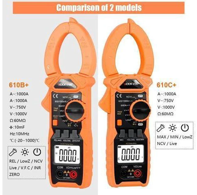 Alt view image 4 of 7 - 610B+ 610C+ 1000V 1000A Digital Clamp Meter 3999 Counts VFC True RMS NCV Live Flashlight clamp multimeter(Victor 610B+)