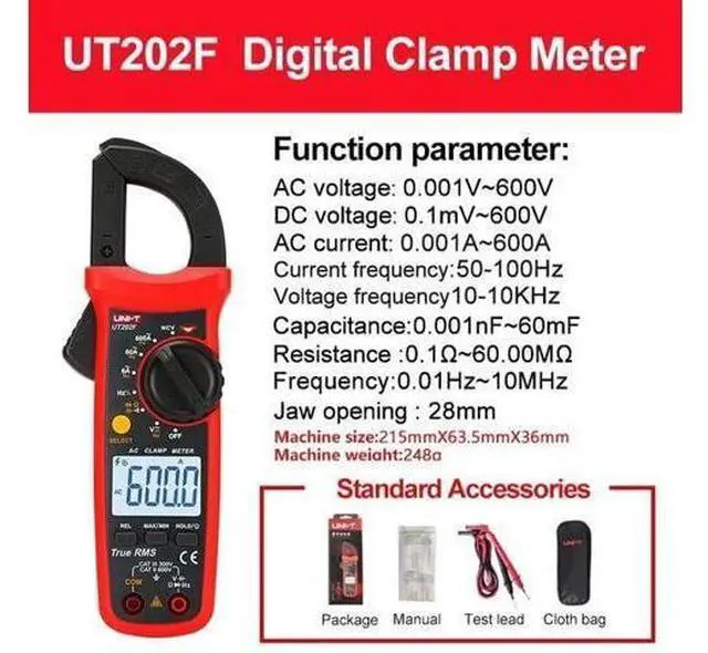 Alt view image 2 of 7 - Multimeter clamp Meter UT201R/UT202R/UT203R/UT204R/UT202F AC/DC 400/600A Digital Ammeter clamp Meter DC AC for Measuring Ammeter Voltmeter Ohm Tester(UT202F)