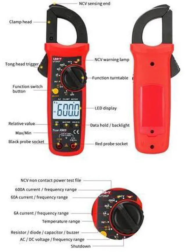 Alt view image 5 of 7 - Multimeter clamp Meter UT201R/UT202R/UT203R/UT204R/UT202F AC/DC 400/600A Digital Ammeter clamp Meter DC AC for Measuring Ammeter Voltmeter Ohm Tester(UT202R)