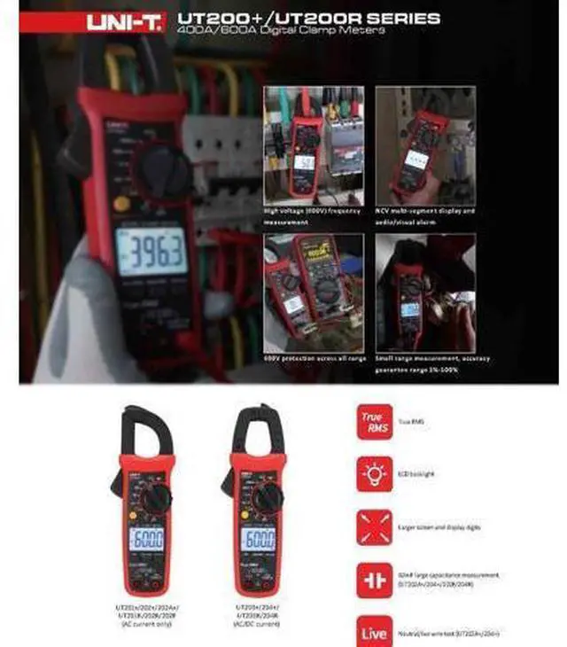 Alt view image 7 of 7 - Multimeter clamp Meter UT201R/UT202R/UT203R/UT204R/UT202F AC/DC 400/600A Digital Ammeter clamp Meter DC AC for Measuring Ammeter Voltmeter Ohm Tester(UT202R)