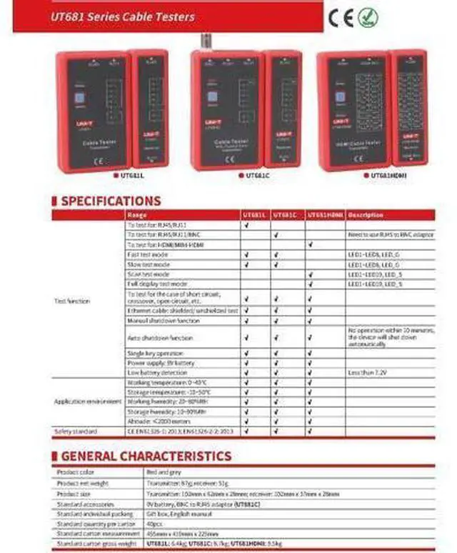 Alt view image 5 of 5 - Cable and Network Tester UT681L RJ11 RJ45 Cable LAN Tester Network Cable Telephone Line Dual-use Tester LED Status Display NC/HDMI Repair Tool(UT681L)