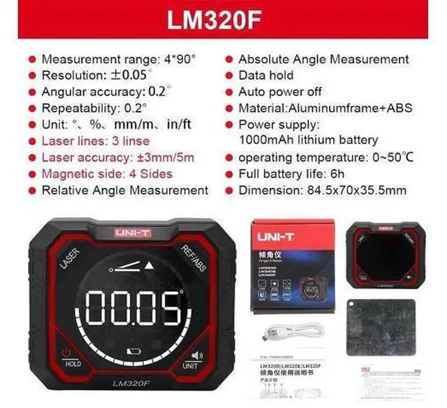 Alt view image 7 of 7 - LM320D LM320E LM320F Laser Inclinometer Digital Angel Meter with Absolute Relative Angle Measurement Magnetic Inclinometer(LM320F)