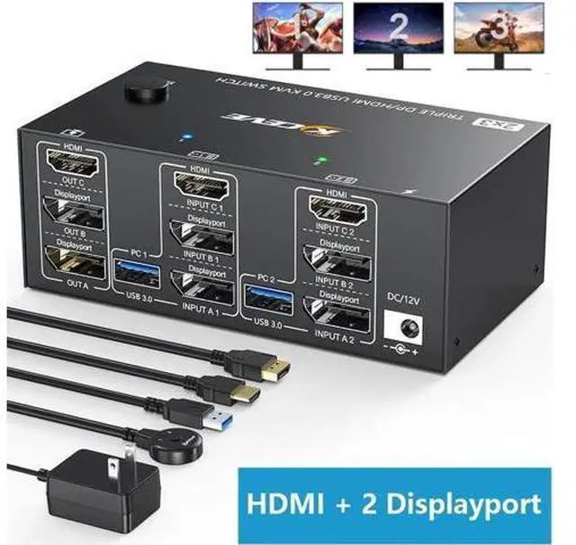 Main image of Triple Monitors KVM Switch HDMI 2 Displayport USB 3.0 KVM Switch 8K@60Hz, 4K@144Hz 3 Monitors 2 Computers KVM with 4 USB 3.0 Ports Included KVM Cables,HD-MI 8K@60Hz/4K@60Hz,DP 8K@30Hz/4K@144Hz