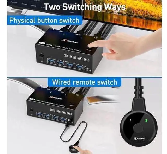 Alt view image 7 of 7 - Triple Monitors KVM Switch HDMI 2 Displayport USB 3.0 KVM Switch 8K@60Hz, 4K@144Hz 3 Monitors 2 Computers KVM with 4 USB 3.0 Ports Included KVM Cables,HD-MI 8K@60Hz/4K@60Hz,DP 8K@30Hz/4K@144Hz