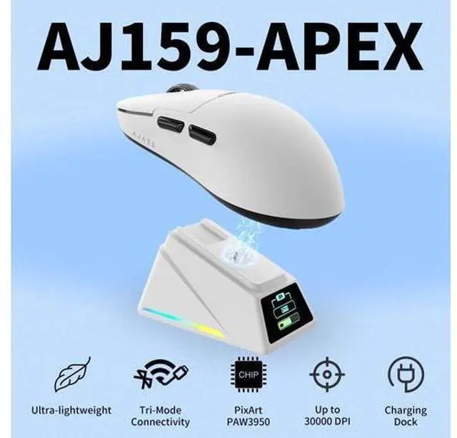 Alt view image 2 of 6 - AJAZZ AJ159 APEX Wireless Gaming Mouse 2.4G Wired BT|RGB Magnetic Screen Charging Dock|Lightweight|42K Optical Tracking|400mAh Battery |PAW3950APEX Sensor.