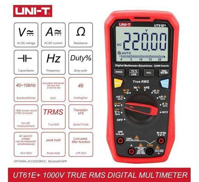 Alt view image 2 of 7 - UT61E+ 1000V 20A Digital Multimeter 22000 Counts Display NCV hFE Auto Range True RMS AC/DC Voltage Current Resistance Capacitance Tester
