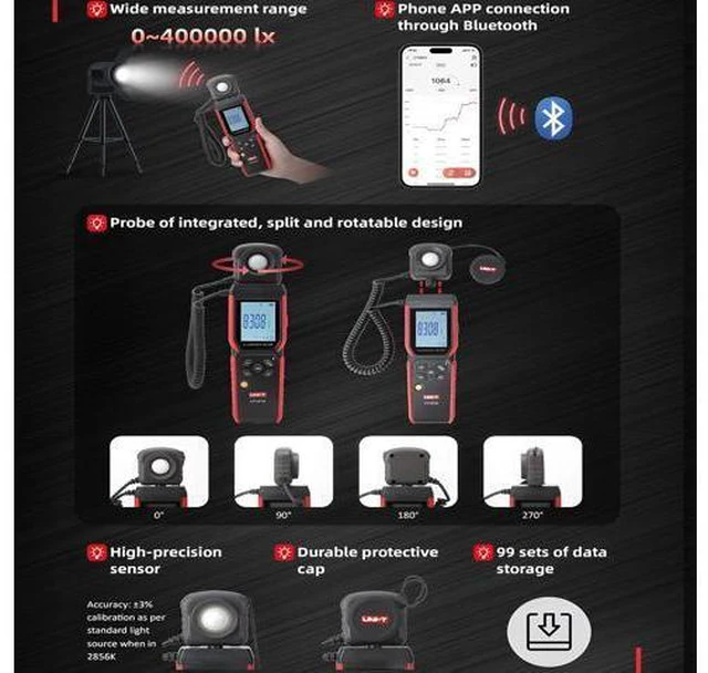 Alt view image 6 of 7 - UT381A Illuminometer Integrated & Split Digital Light Illuminance Meter 400000 Lx 37160 Fc Luxometer with Bluetooth APP