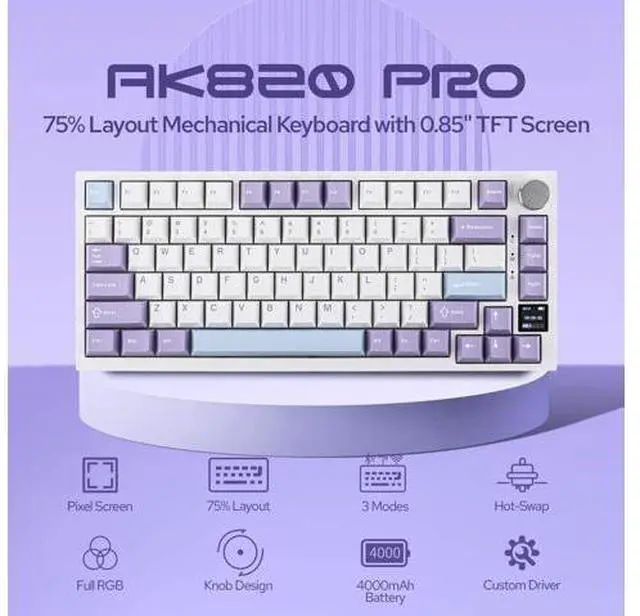 Alt view image 2 of 6 - Ajazz AK820 Pro 75% Wireless Mechanical Keyboard with TFT Smart Display&Knob, Gasket-Mounted Gaming Keyboard, Bluetooth/2.4GHz/USB-C Wired (Purple, Gift Switch)