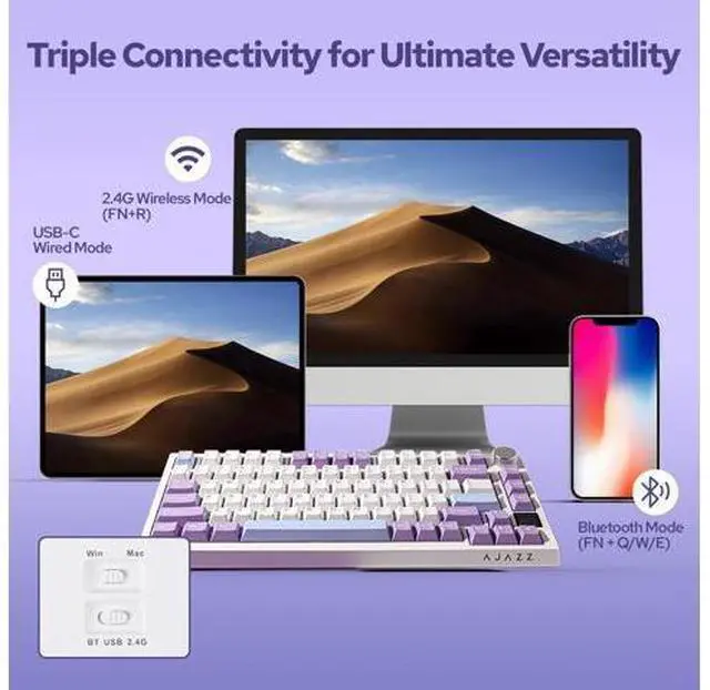 Alt view image 4 of 6 - Ajazz AK820 Pro 75% Wireless Mechanical Keyboard with TFT Smart Display&Knob, Gasket-Mounted Gaming Keyboard, Bluetooth/2.4GHz/USB-C Wired (Purple, Gift Switch)
