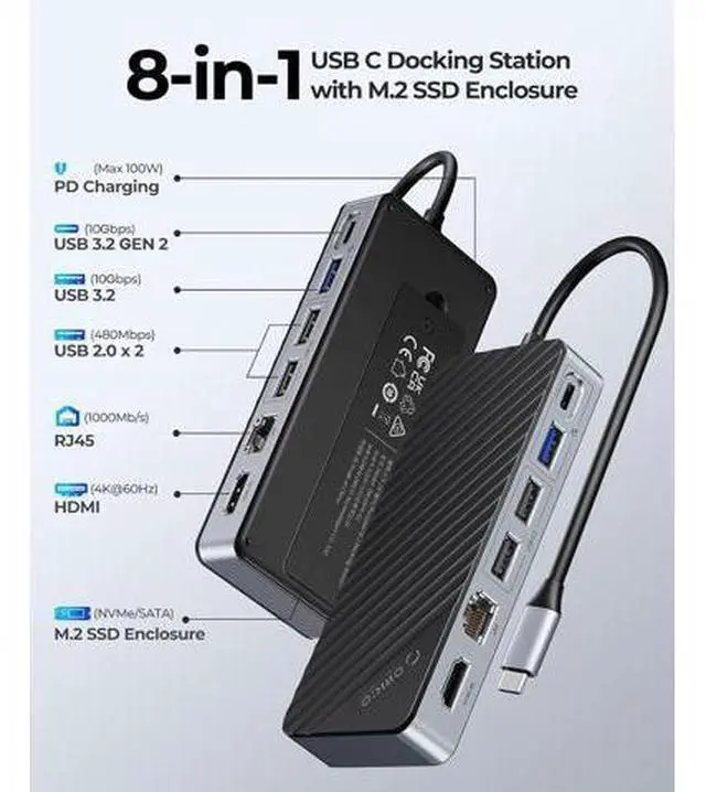 Alt view image 2 of 7 - 8-in-1 USB C Docking Station with M.2 SSD Enclosure, USB-C Hub Fits M.2 NVMe/SATA SSD, 10Gbps, 4K@60Hz HDMI, 100W PD, Ethernet