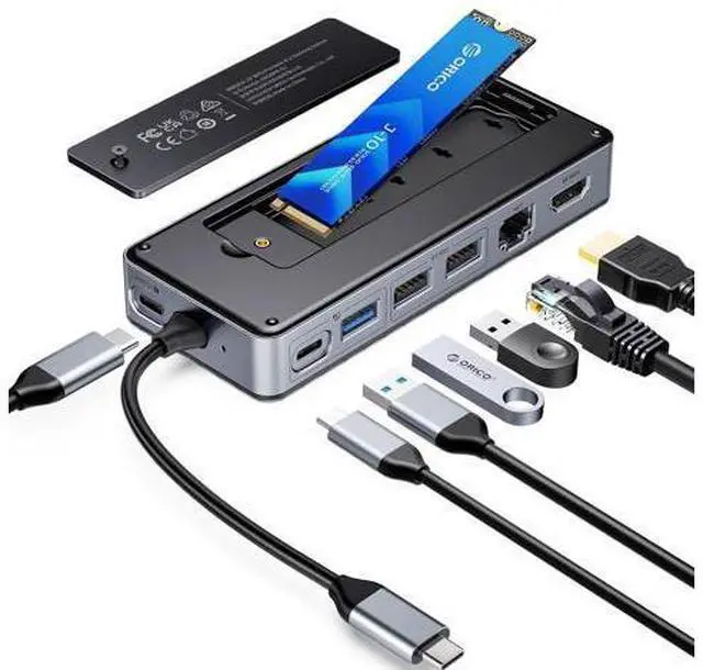 Main image of USB-C Hub with M.2 SSD Enclosure, 8-in-1 USB C Docking Station Fits M.2 NVMe/SATA SSD, 10Gbps, 4K@60Hz HDMI, 100W PD, Ethernet - OM28PR