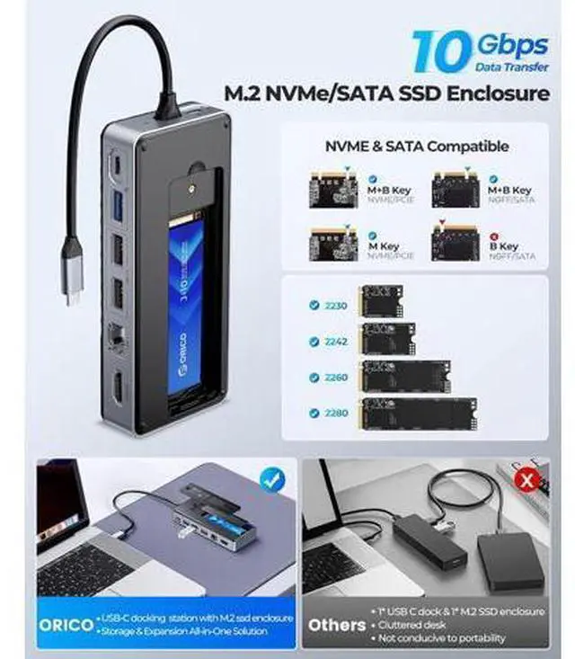 Alt view image 3 of 7 - 8-in-1 USB C Docking Station with M.2 SSD Enclosure, USB-C Hub Fits M.2 NVMe/SATA SSD, 10Gbps, 4K@60Hz HDMI, 100W PD, Ethernet